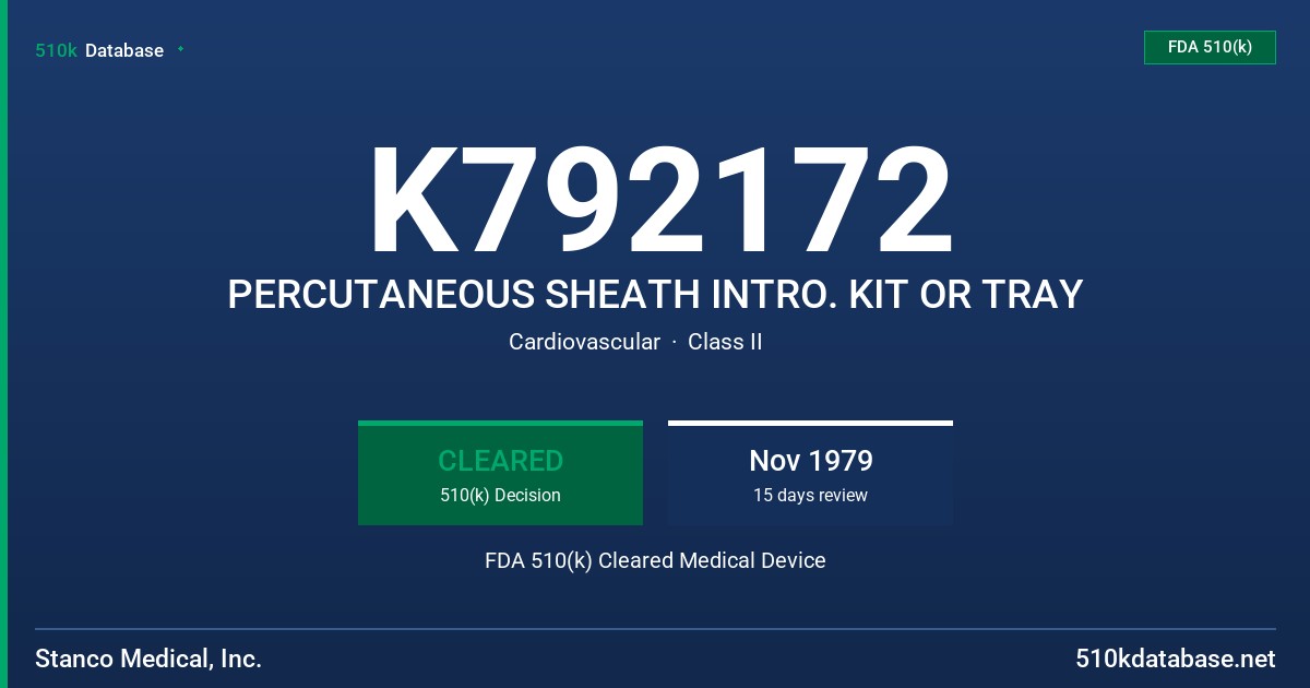 K792172 PERCUTANEOUS SHEATH INTRO. KIT OR TRAY FDA 510(k) Cleared Medical Device