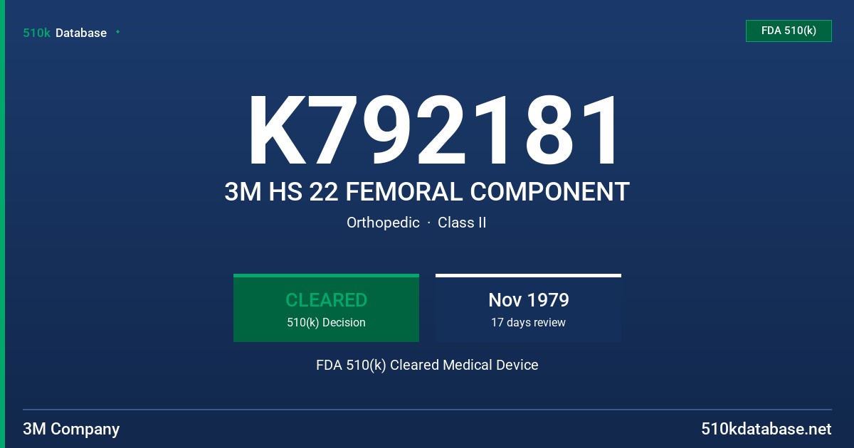 K792181 3M HS 22 FEMORAL COMPONENT FDA 510(k) Cleared Medical Device