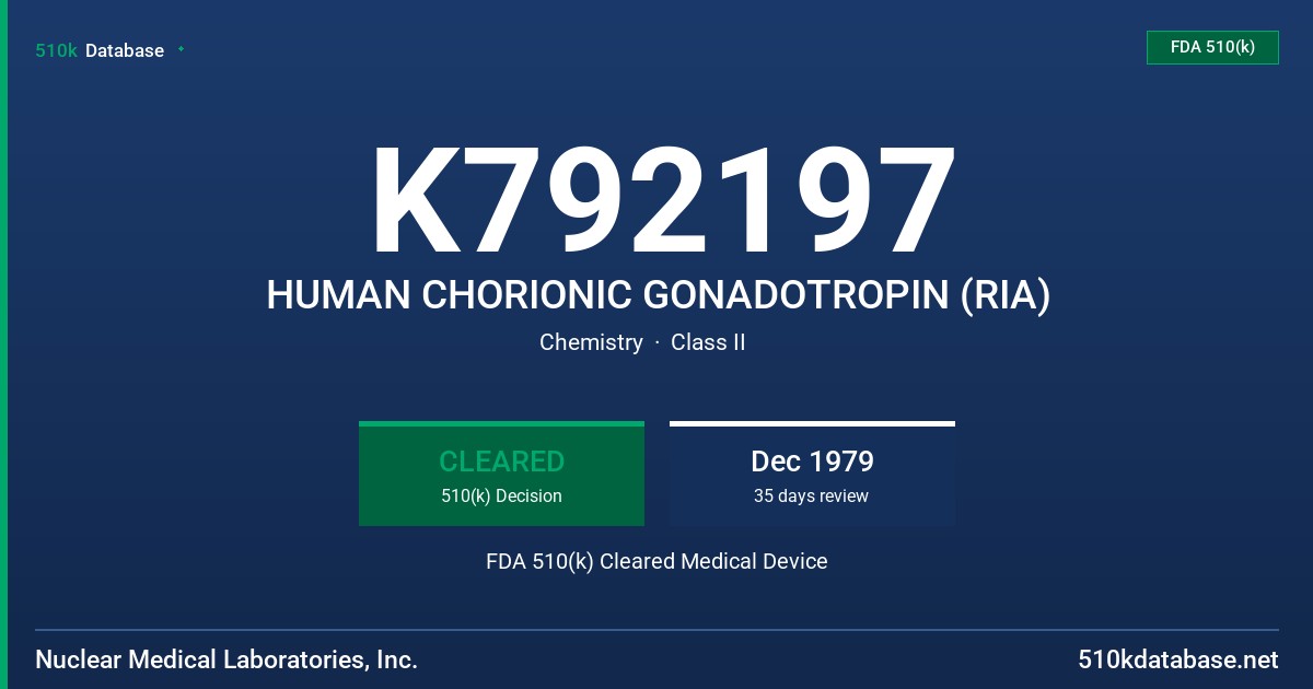 K792197 HUMAN CHORIONIC GONADOTROPIN (RIA) FDA 510(k) Cleared Medical Device