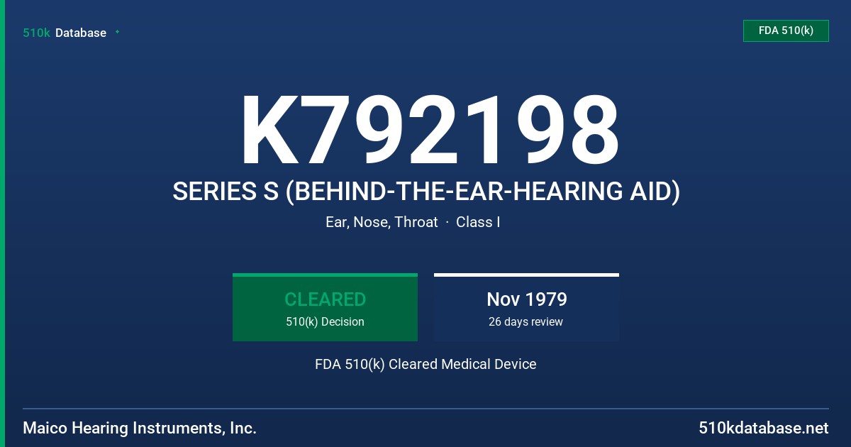 K792198 SERIES S (BEHIND-THE-EAR-HEARING AID) FDA 510(k) Cleared Medical Device