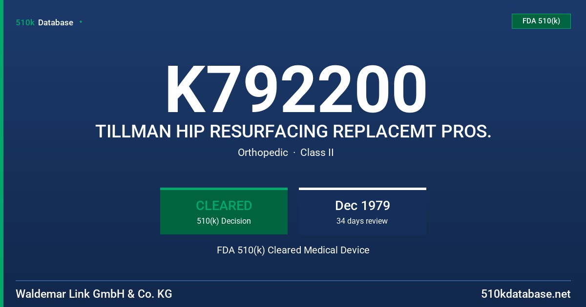 K792200 TILLMAN HIP RESURFACING REPLACEMT PROS. FDA 510(k) Cleared Medical Device