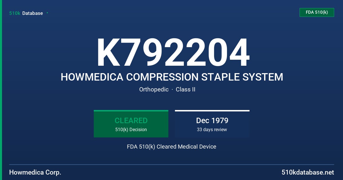 K792204 HOWMEDICA COMPRESSION STAPLE SYSTEM FDA 510(k) Cleared Medical Device