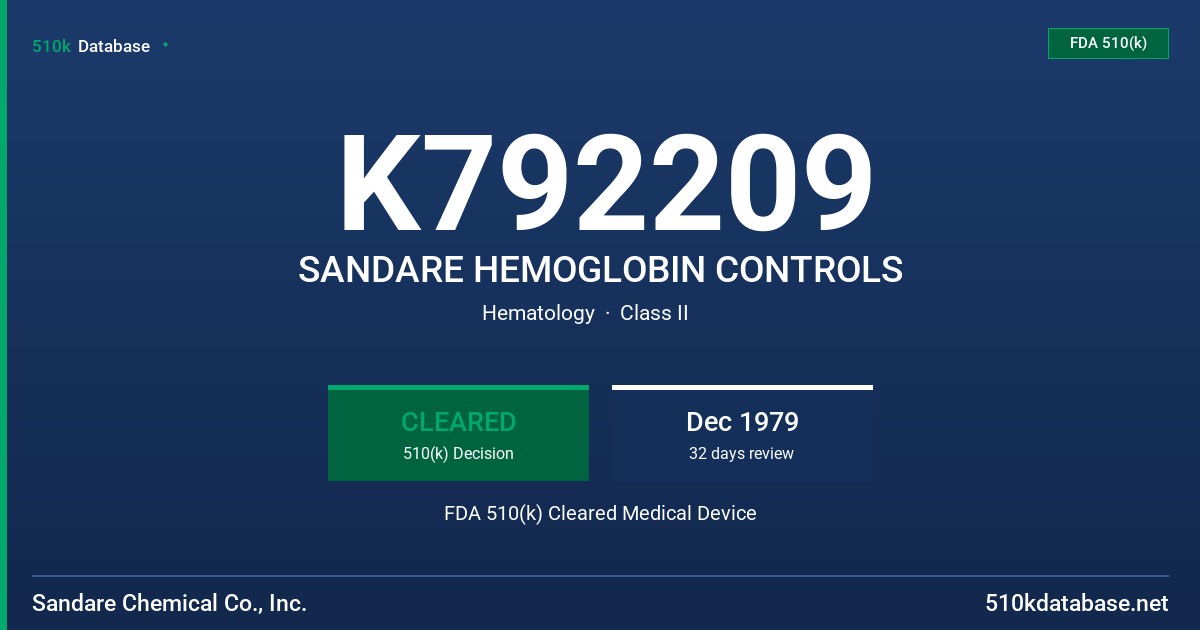 K792209 SANDARE HEMOGLOBIN CONTROLS FDA 510(k) Cleared Medical Device
