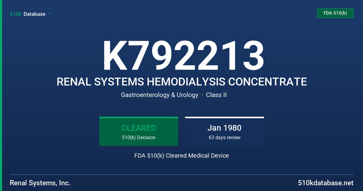 K792213 RENAL SYSTEMS HEMODIALYSIS CONCENTRATE FDA 510(k) Cleared Medical Device