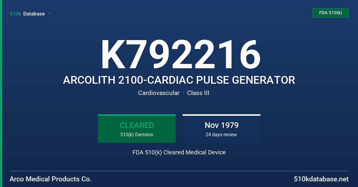 K792216 ARCOLITH 2100-CARDIAC PULSE GENERATOR FDA 510(k) Cleared Medical Device