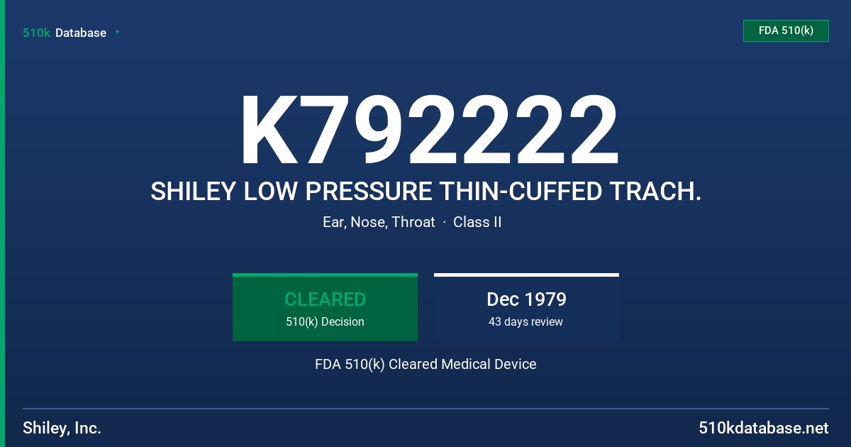 K792222 SHILEY LOW PRESSURE THIN-CUFFED TRACH. FDA 510(k) Cleared Medical Device