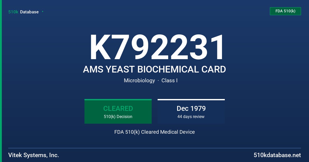 K792231 AMS YEAST BIOCHEMICAL CARD FDA 510(k) Cleared Medical Device