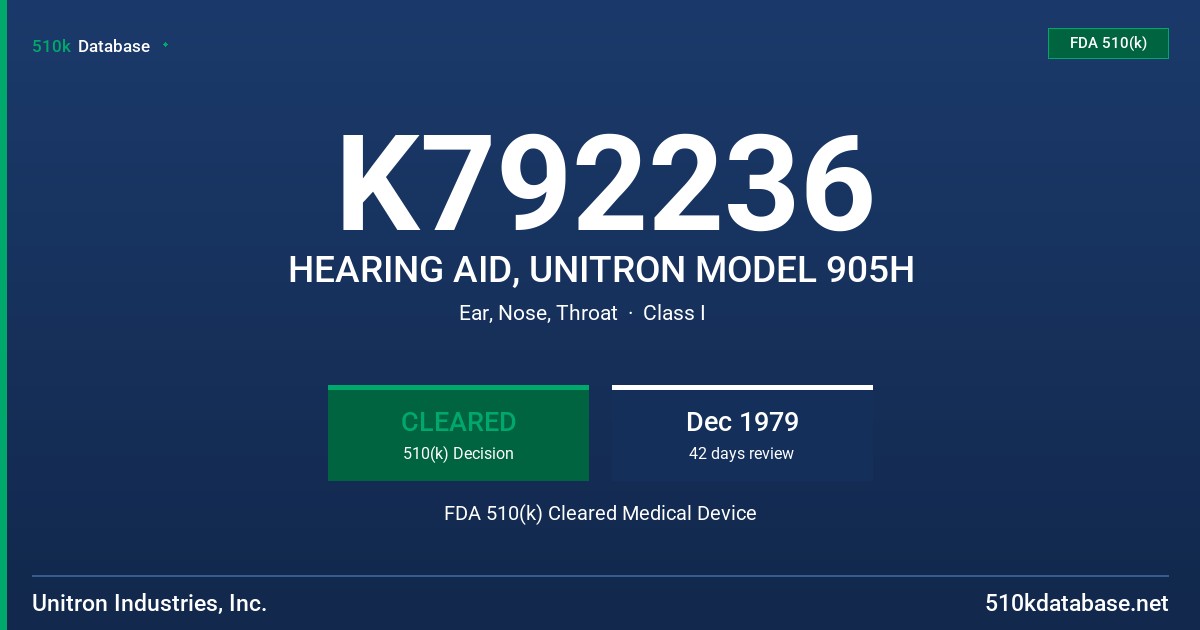 K792236 HEARING AID, UNITRON MODEL 905H FDA 510(k) Cleared Medical Device