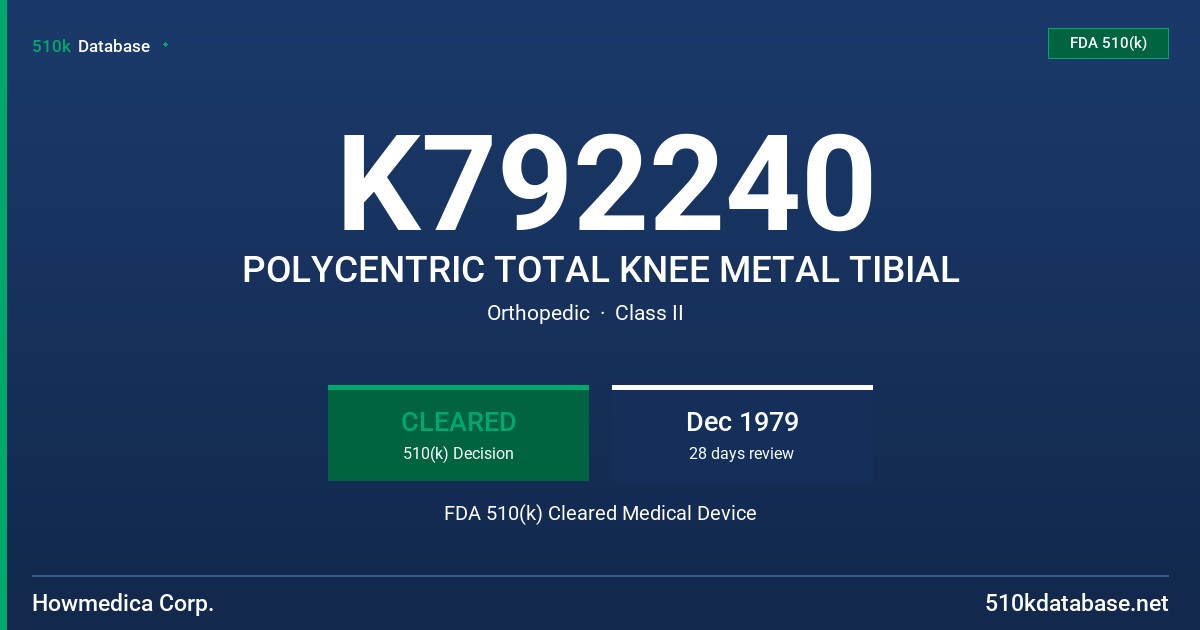 K792240 POLYCENTRIC TOTAL KNEE METAL TIBIAL FDA 510(k) Cleared Medical Device
