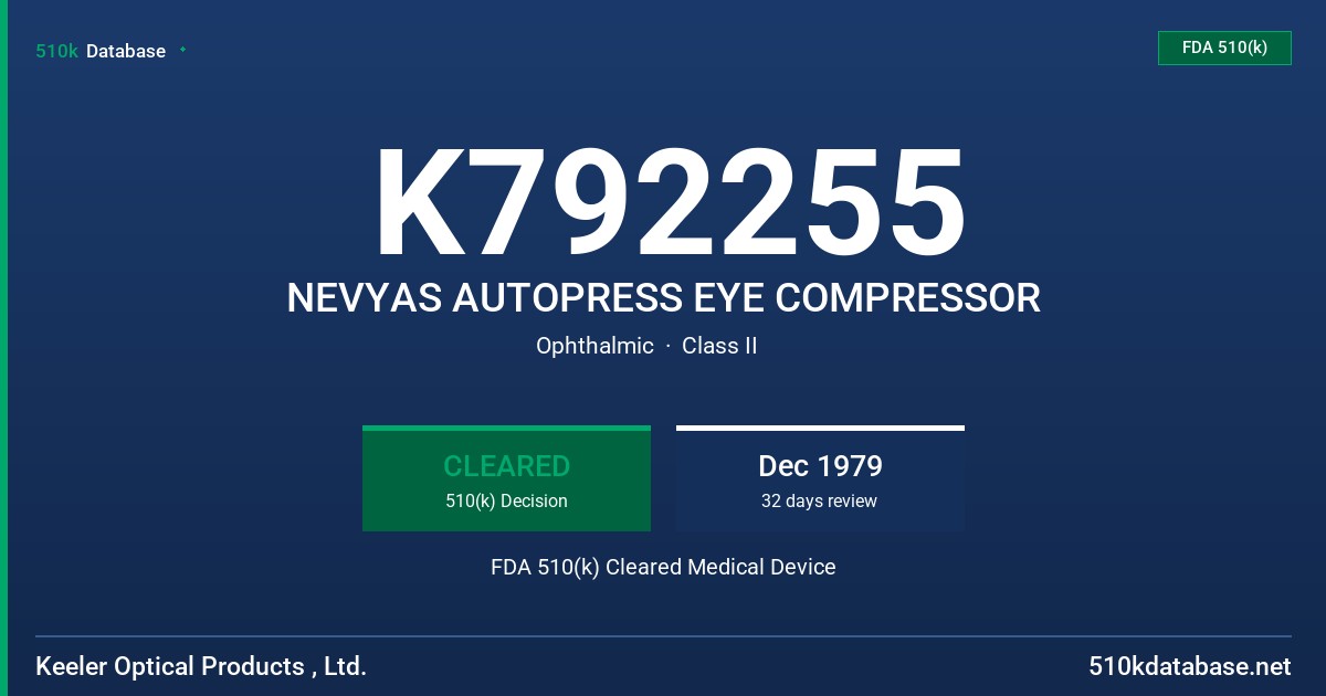 K792255 NEVYAS AUTOPRESS EYE COMPRESSOR FDA 510(k) Cleared Medical Device