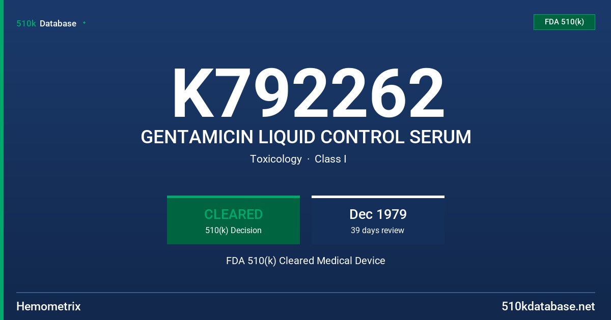 K792262 GENTAMICIN LIQUID CONTROL SERUM FDA 510(k) Cleared Medical Device