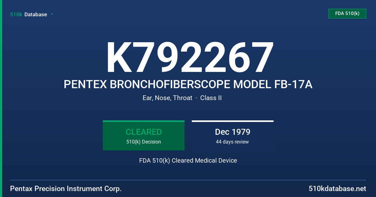 K792267 PENTEX BRONCHOFIBERSCOPE MODEL FB-17A FDA 510(k) Cleared Medical Device