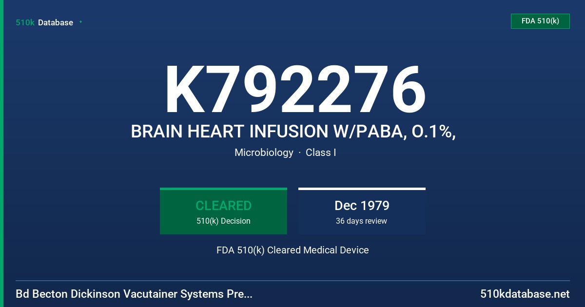 K792276 BRAIN HEART INFUSION W/PABA, O.1%, FDA 510(k) Cleared Medical Device