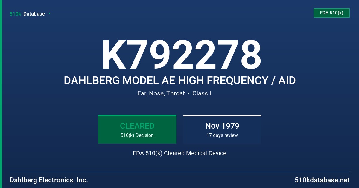 K792278 DAHLBERG MODEL AE HIGH FREQUENCY / AID FDA 510(k) Cleared Medical Device