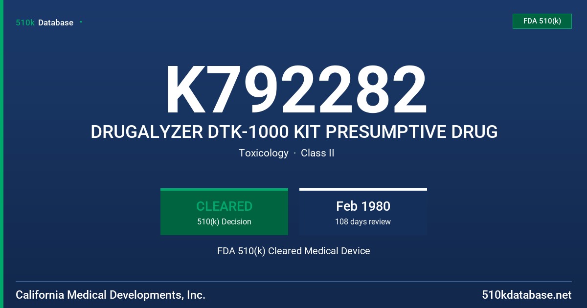 K792282 DRUGALYZER DTK-1000 KIT PRESUMPTIVE DRUG FDA 510(k) Cleared Medical Device