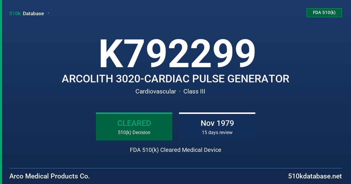 K792299 ARCOLITH 3020-CARDIAC PULSE GENERATOR FDA 510(k) Cleared Medical Device