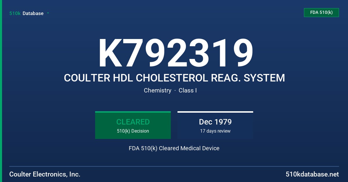 K792319 COULTER HDL CHOLESTEROL REAG. SYSTEM FDA 510(k) Cleared Medical Device