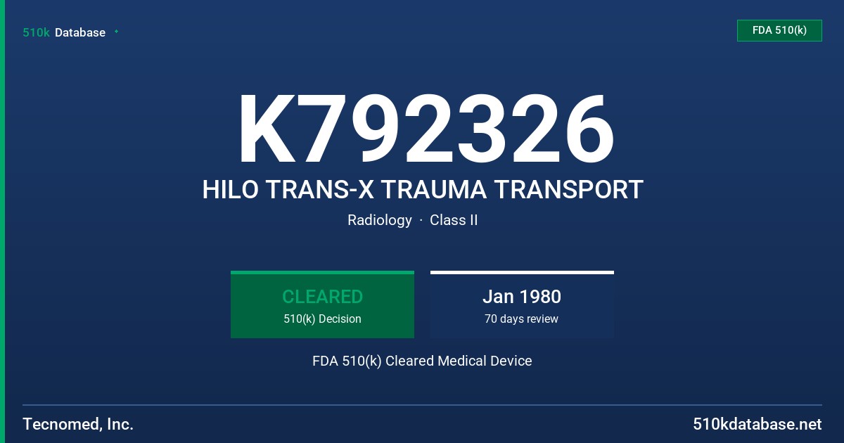 K792326 HILO TRANS-X TRAUMA TRANSPORT FDA 510(k) Cleared Medical Device