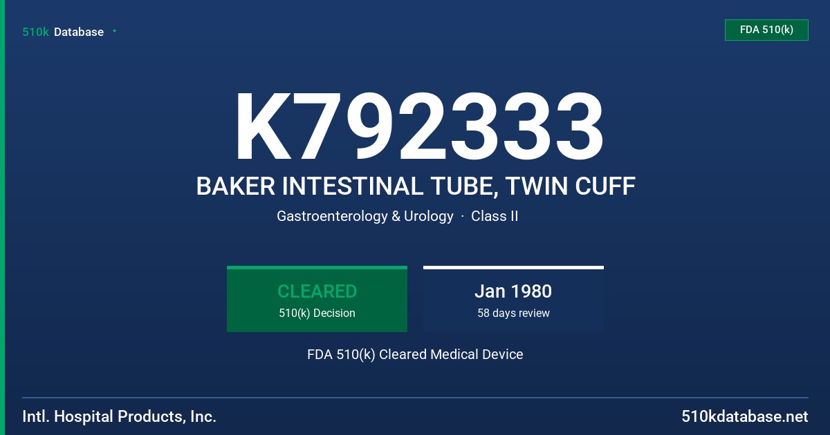 K792333 BAKER INTESTINAL TUBE, TWIN CUFF FDA 510(k) Cleared Medical Device