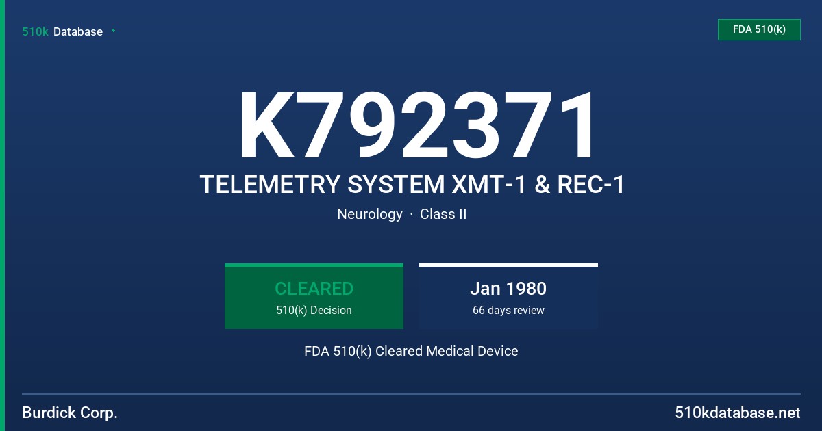 K792371 TELEMETRY SYSTEM XMT-1 & REC-1 FDA 510(k) Cleared Medical Device