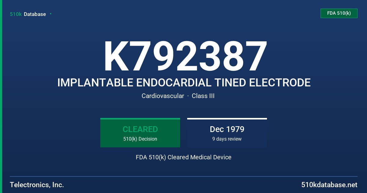 K792387 IMPLANTABLE ENDOCARDIAL TINED ELECTRODE FDA 510(k) Cleared Medical Device