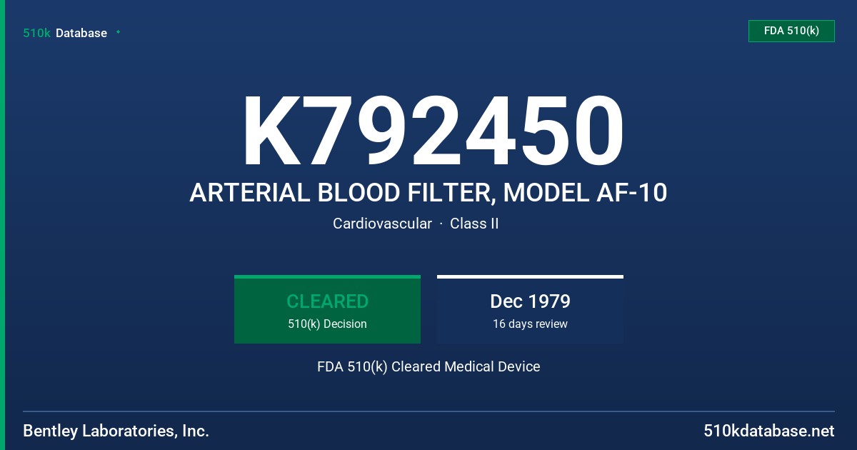 K792450 ARTERIAL BLOOD FILTER, MODEL AF-10 FDA 510(k) Cleared Medical Device