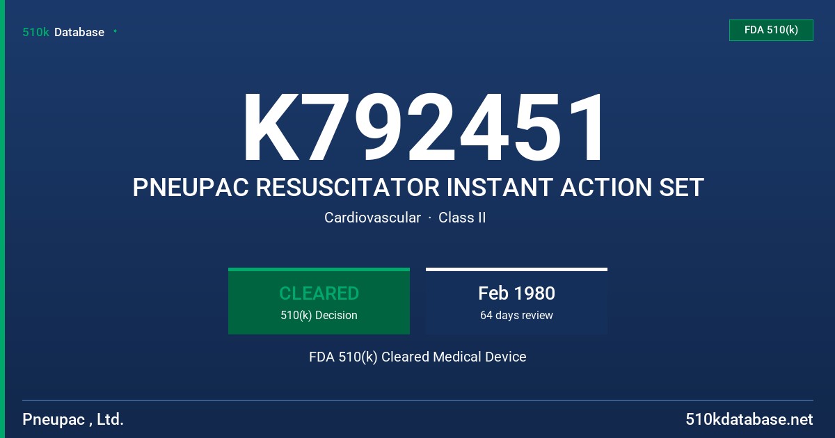 K792451 PNEUPAC RESUSCITATOR INSTANT ACTION SET FDA 510(k) Cleared Medical Device