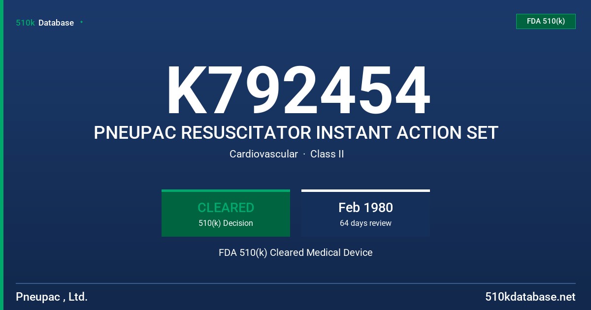 K792454 PNEUPAC RESUSCITATOR INSTANT ACTION SET FDA 510(k) Cleared Medical Device