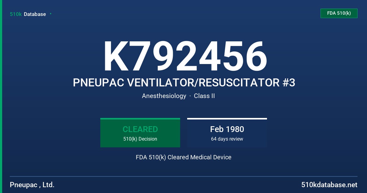 K792456 PNEUPAC VENTILATOR/RESUSCITATOR #3 FDA 510(k) Cleared Medical Device