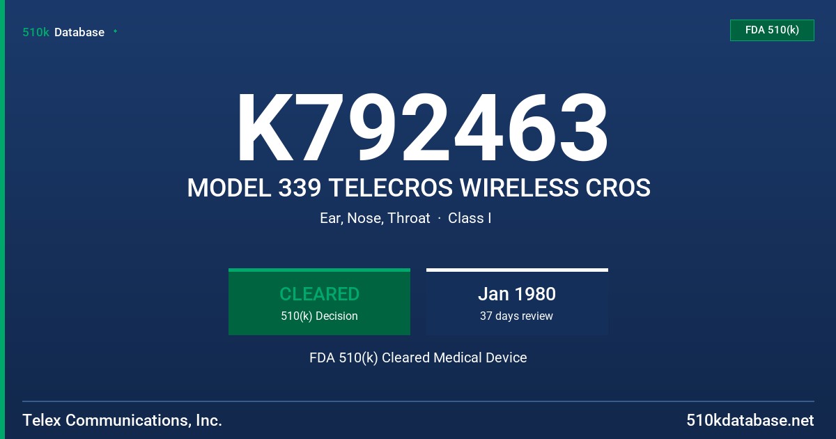 K792463 MODEL 339 TELECROS WIRELESS CROS FDA 510(k) Cleared Medical Device