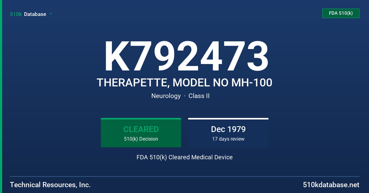 K792473 THERAPETTE, MODEL NO MH-100 FDA 510(k) Cleared Medical Device
