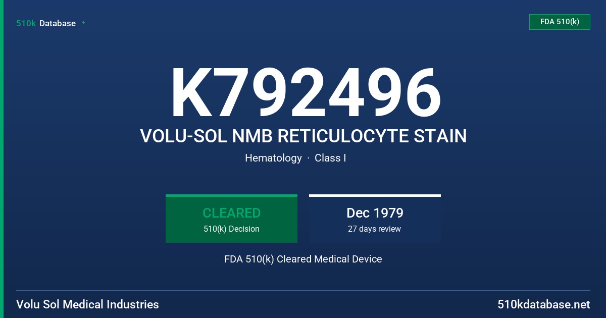 K792496 VOLU-SOL NMB RETICULOCYTE STAIN FDA 510(k) Cleared Medical Device