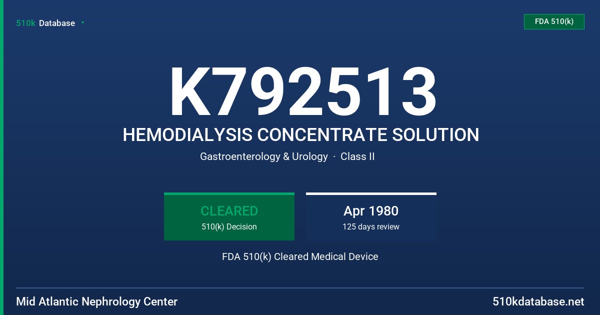 K792513 HEMODIALYSIS CONCENTRATE SOLUTION FDA 510(k) Cleared Medical Device