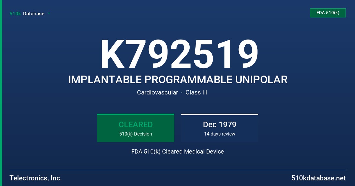 K792519 IMPLANTABLE PROGRAMMABLE UNIPOLAR FDA 510(k) Cleared Medical Device