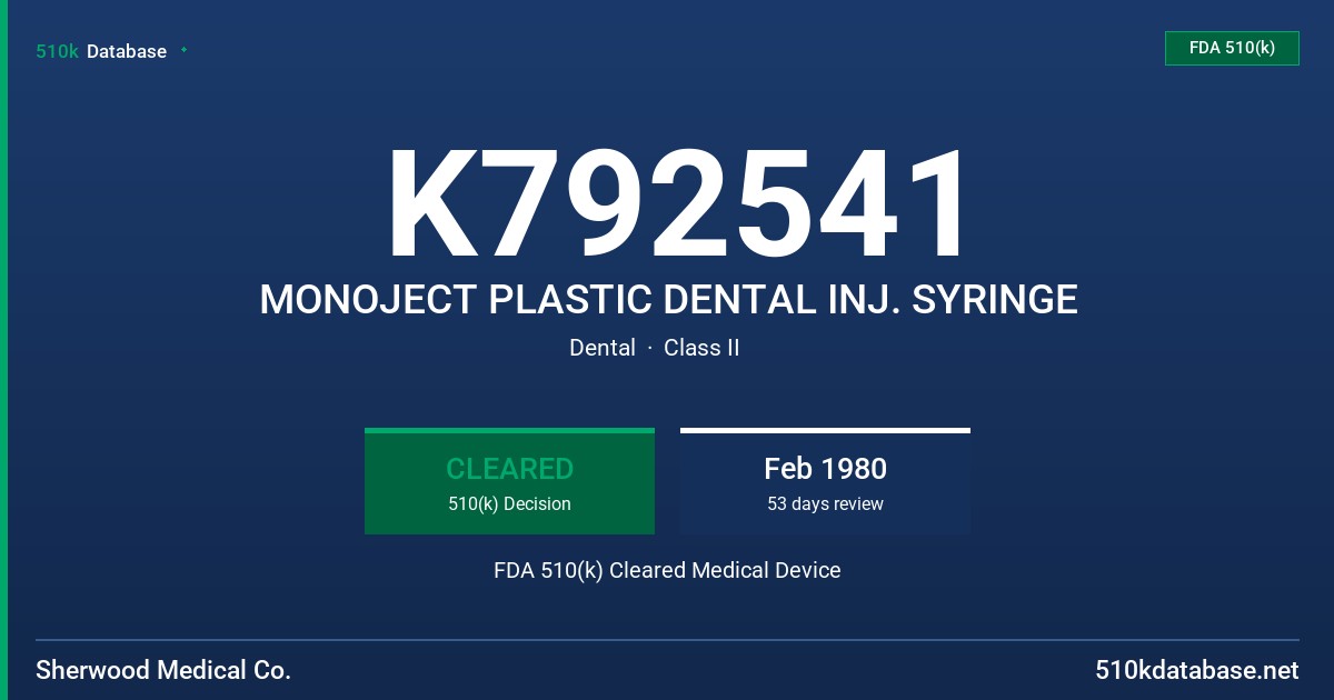 K792541 MONOJECT PLASTIC DENTAL INJ. SYRINGE FDA 510(k) Cleared Medical Device