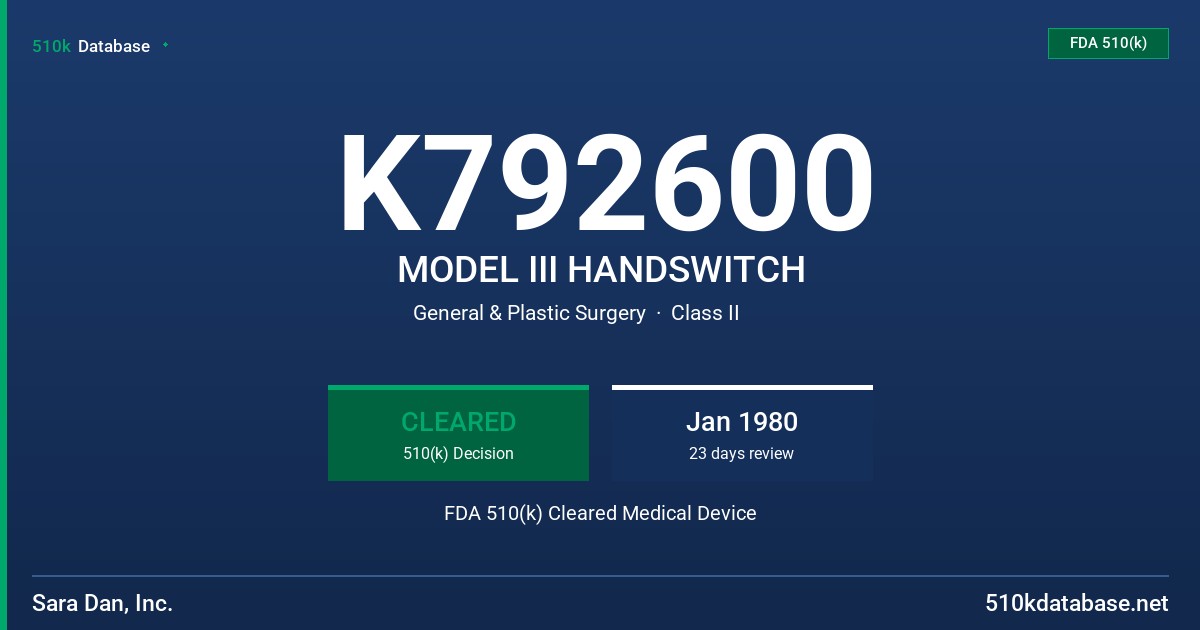 K792600 MODEL III HANDSWITCH FDA 510(k) Cleared Medical Device