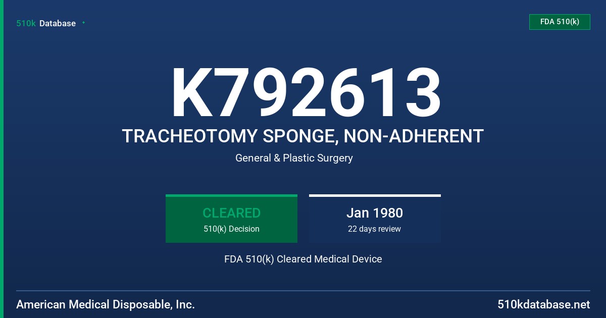 K792613 TRACHEOTOMY SPONGE, NON-ADHERENT FDA 510(k) Cleared Medical Device