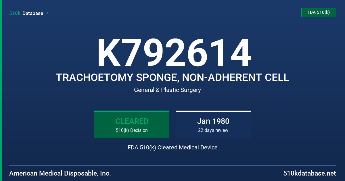 K792614 TRACHOETOMY SPONGE, NON-ADHERENT CELL FDA 510(k) Cleared Medical Device