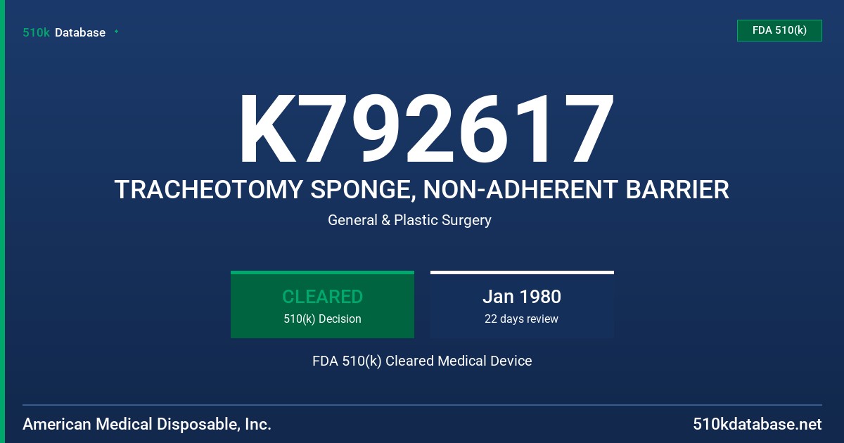 K792617 TRACHEOTOMY SPONGE, NON-ADHERENT BARRIER FDA 510(k) Cleared Medical Device