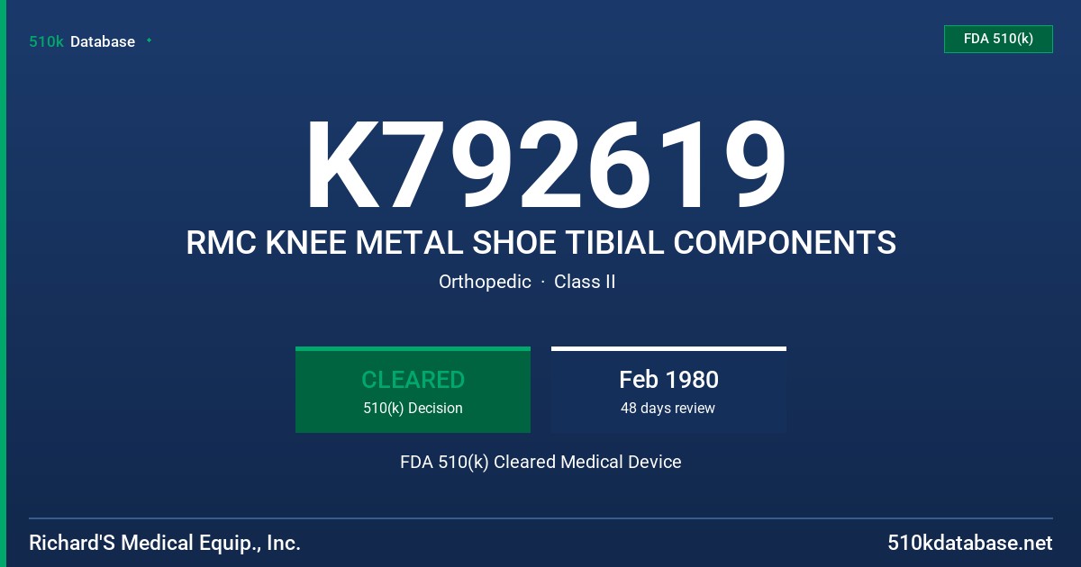 K792619 RMC KNEE METAL SHOE TIBIAL COMPONENTS FDA 510(k) Cleared Medical Device