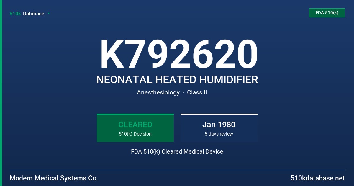 K792620 NEONATAL HEATED HUMIDIFIER FDA 510(k) Cleared Medical Device