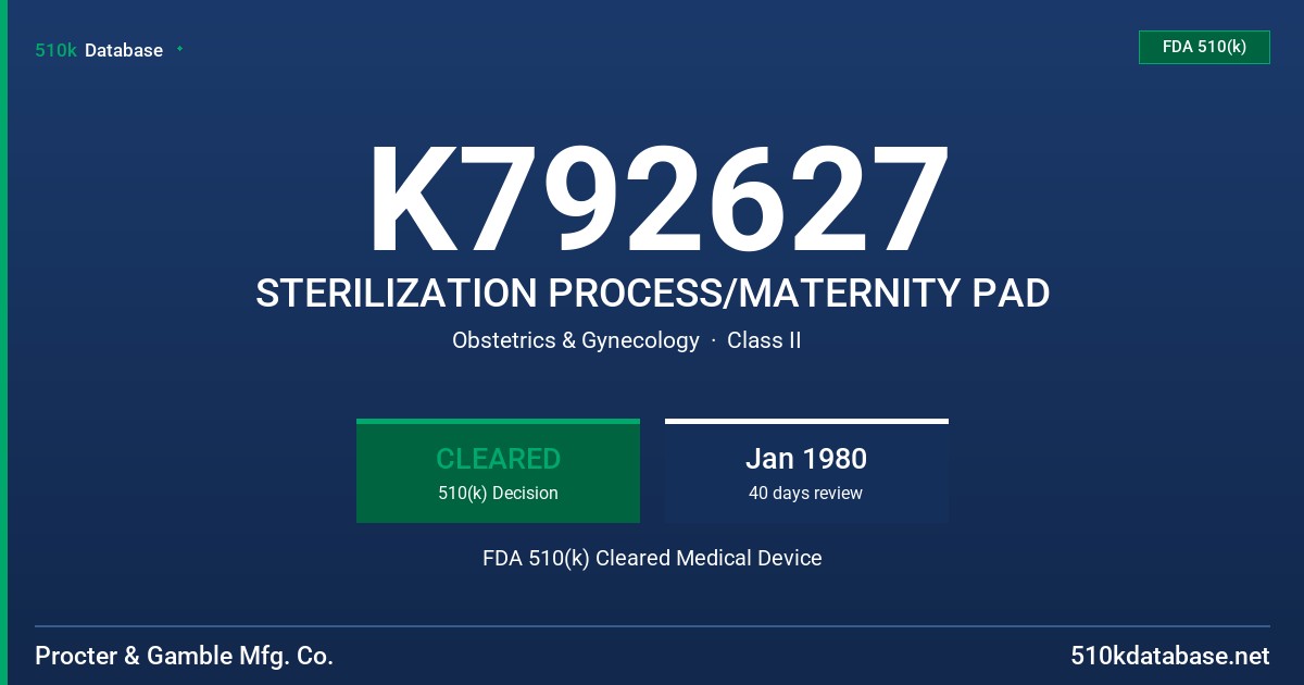 K792627 STERILIZATION PROCESS/MATERNITY PAD FDA 510(k) Cleared Medical Device