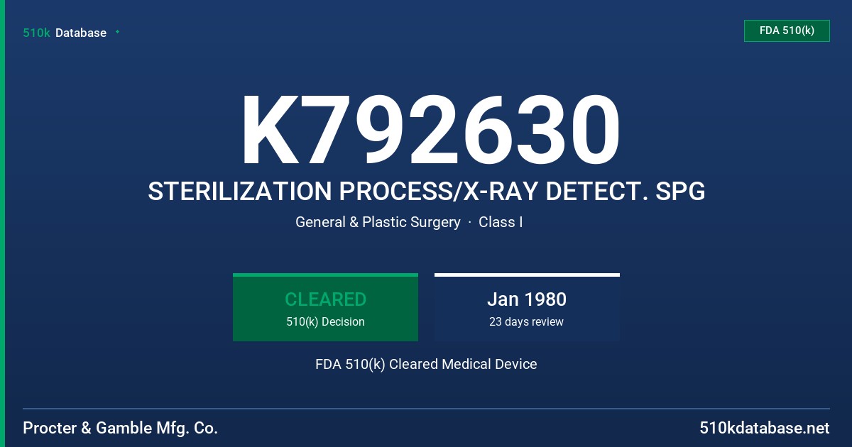 K792630 STERILIZATION PROCESS/X-RAY DETECT. SPG FDA 510(k) Cleared Medical Device