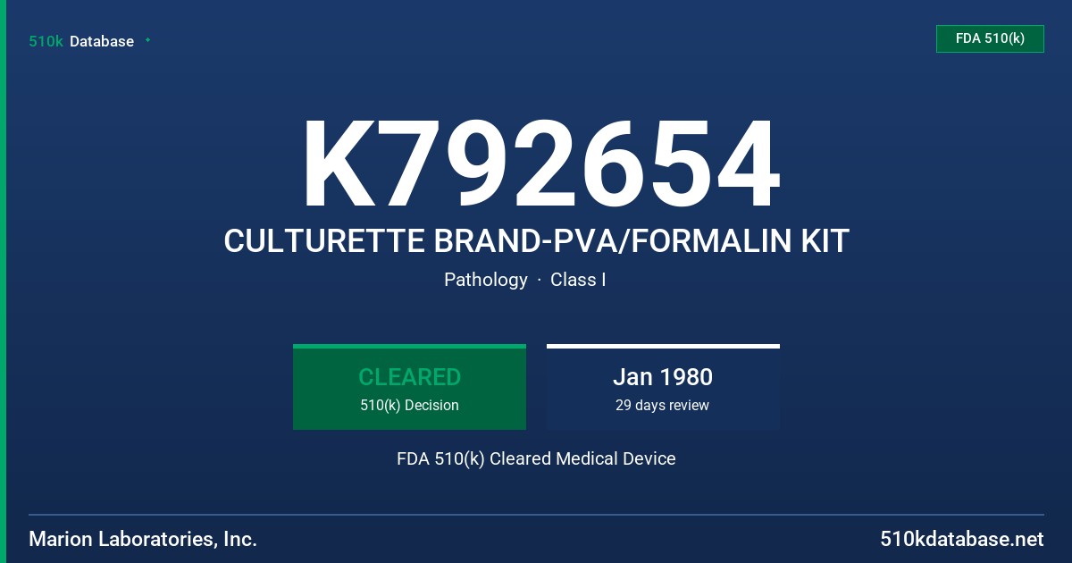 K792654 CULTURETTE BRAND-PVA/FORMALIN KIT FDA 510(k) Cleared Medical Device