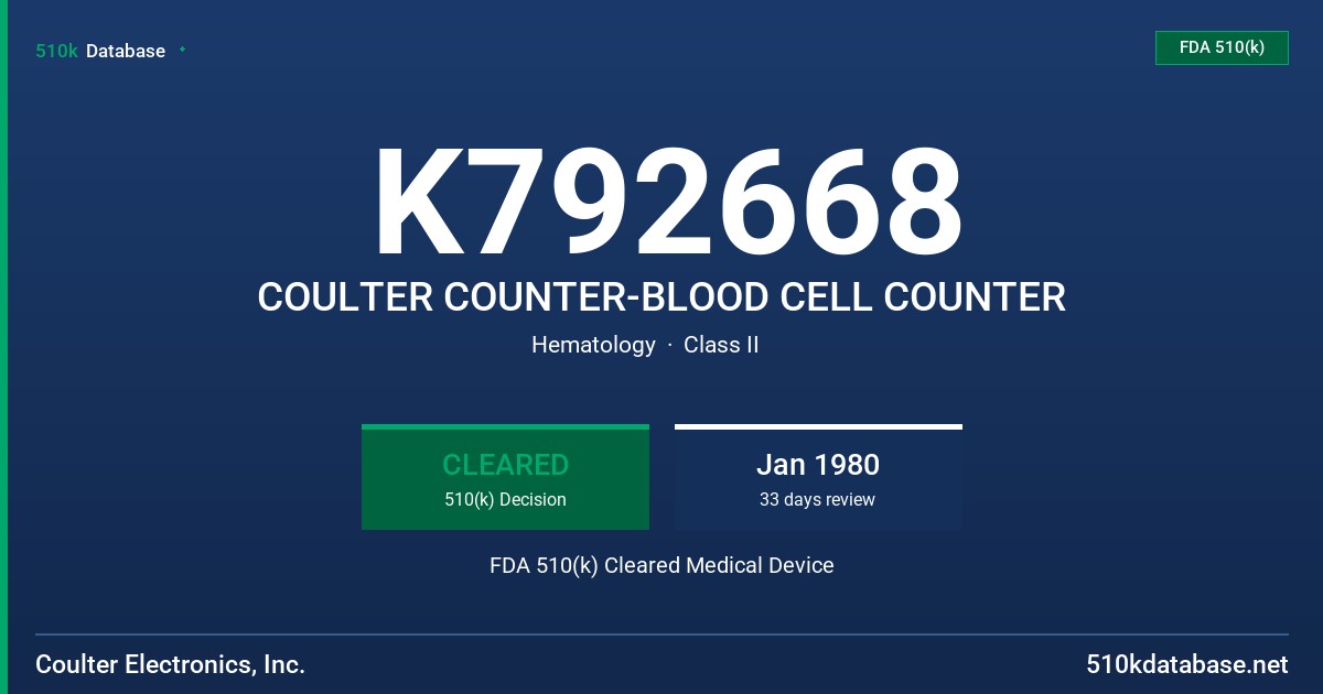K792668 COULTER COUNTER-BLOOD CELL COUNTER FDA 510(k) Cleared Medical Device