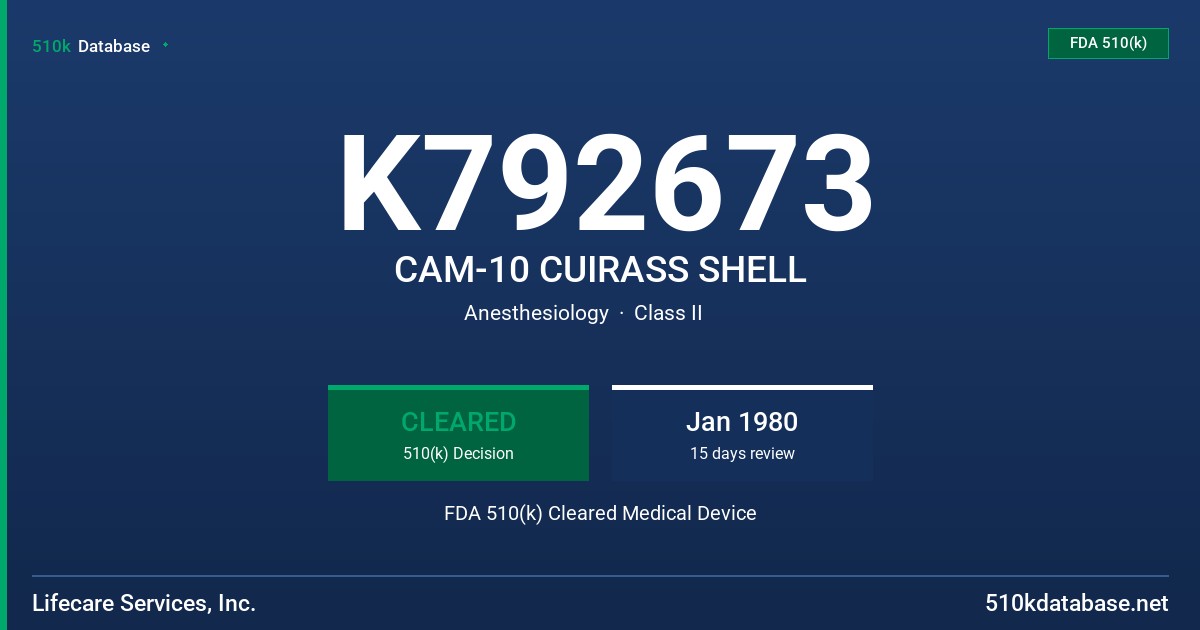 K792673 CAM-10 CUIRASS SHELL FDA 510(k) Cleared Medical Device