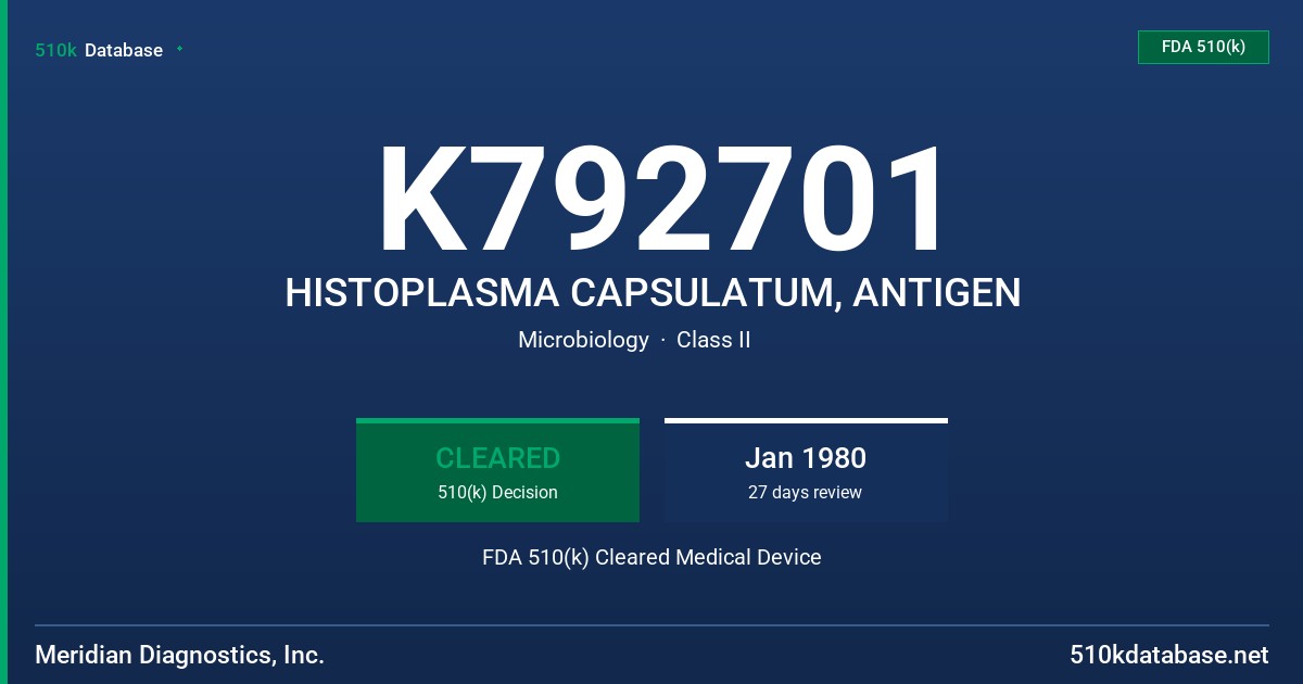 K792701 HISTOPLASMA CAPSULATUM, ANTIGEN FDA 510(k) Cleared Medical Device