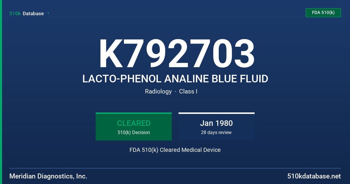 K792703 LACTO-PHENOL ANALINE BLUE FLUID FDA 510(k) Cleared Medical Device
