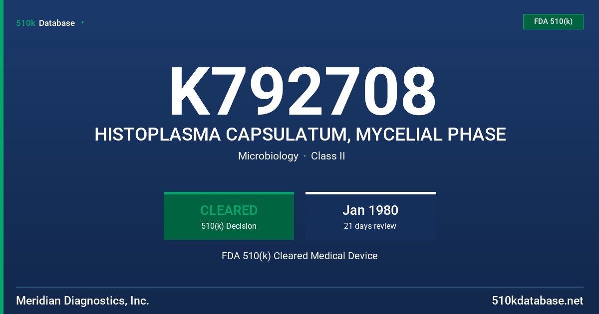 K792708 HISTOPLASMA CAPSULATUM, MYCELIAL PHASE FDA 510(k) Cleared Medical Device