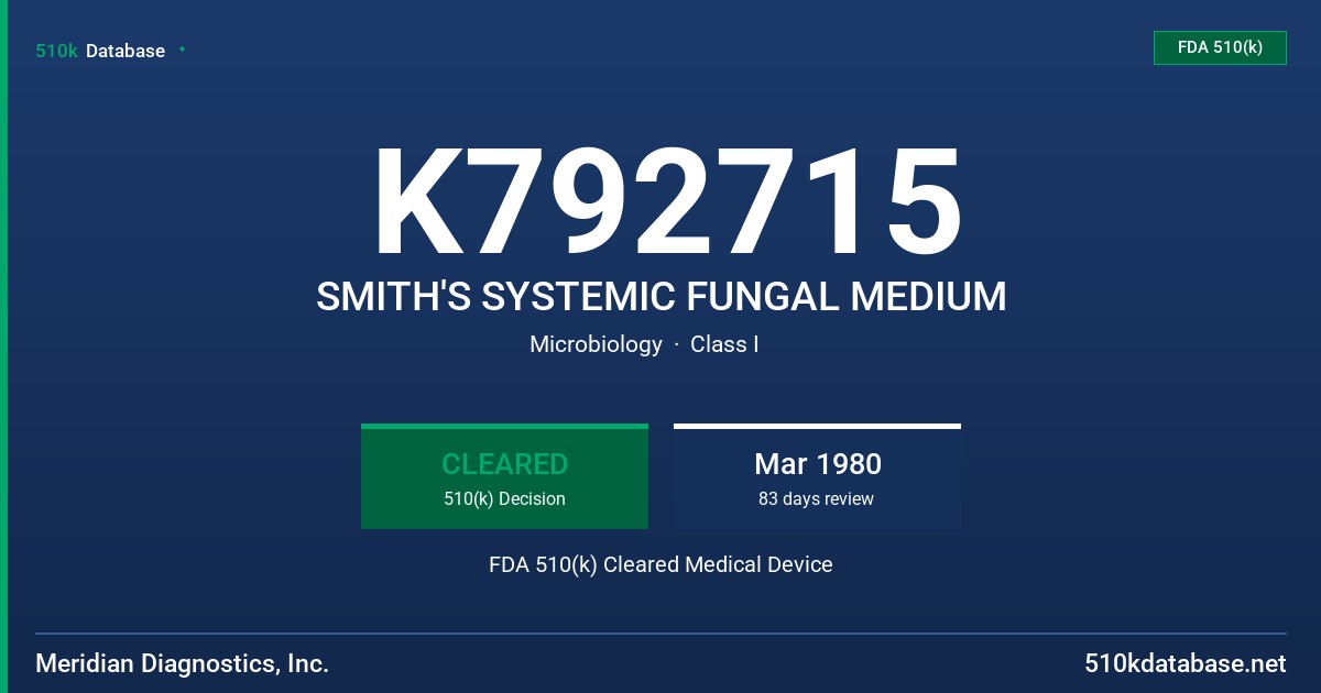 K792715 SMITH'S SYSTEMIC FUNGAL MEDIUM FDA 510(k) Cleared Medical Device
